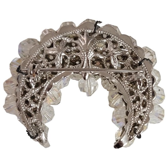 Silver Tone AB Cluster Beaded Crescent Moon Style Brooch Pin E20 - Picture 7 of 11